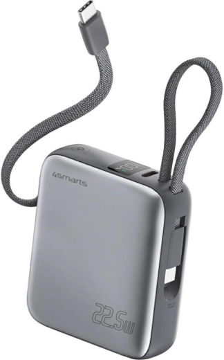 Powerbank 4smarts Pocket Dual Cord 10000 mAh 22,5 W cu cablu USB‑C încorporat, gri