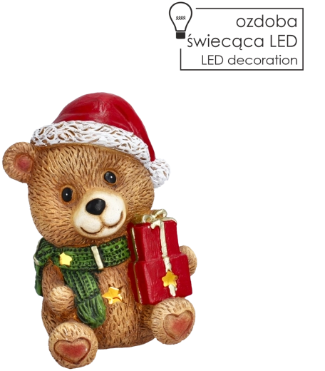 Figurină de Crăciun cu ursuleț și cadouri, cu iluminare LED