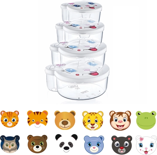 Set de 4 recipiente pentru alimente cu animăluțe, mix de dimensiuni