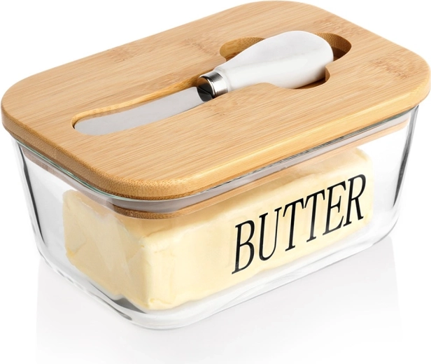 Recipient pentru unt din sticlă cu capac din bambus și cuțitaș