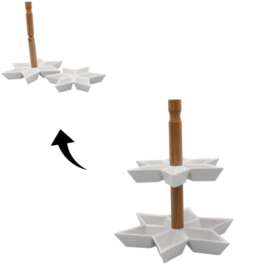 Etajeră ceramică cu două niveluri în formă de stea, cu mâner din bambus