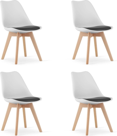 Set de patru scaune alb-negru cu picioare din lemn