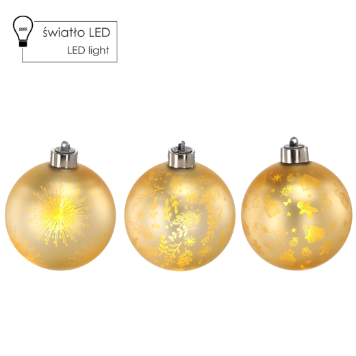 Glob de Crăciun din sticlă auriu cu LED, 10 cm