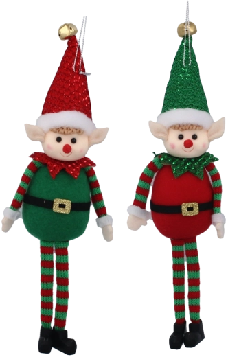 Elf de Crăciun atârnabil din fetru cu sclipici 10 × 28 cm, roșu‑verde, set 6 buc