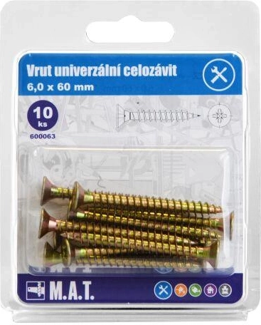 Șuruburi universale, filet integral 6 × 60 mm, zincate, 10 buc