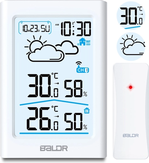 Stație meteorologică albă fără fir cu ecran LCD și higrometru