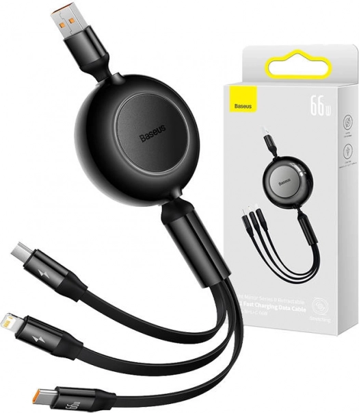 Baseus Bright Mirror 3 cablu USB 3‑în‑1 pentru micro USB, USB‑C și Lightning 66W 1,1 m – negru