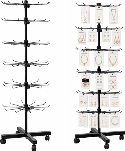 Stand expozițional rotativ cu cârlige pe roți, 6 niveluri, negru, 40 × 150 cm