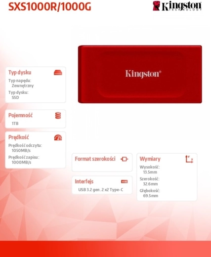 SSD extern Kingston XS1000 1 TB USB 3.2 Gen 2, roșu