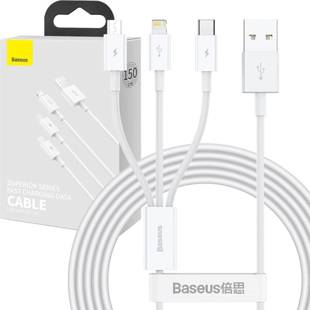 Cablu de încărcare și date 3‑în‑1 Baseus Superior, USB la Micro USB / USB‑C / Lightning, 3,5 A, 1,5 m, alb