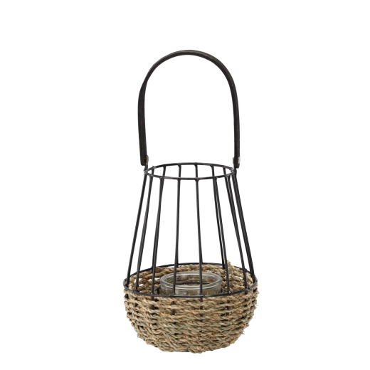 Felinar metalic negru‑maro cu inserție de sticlă 22 × 37 cm