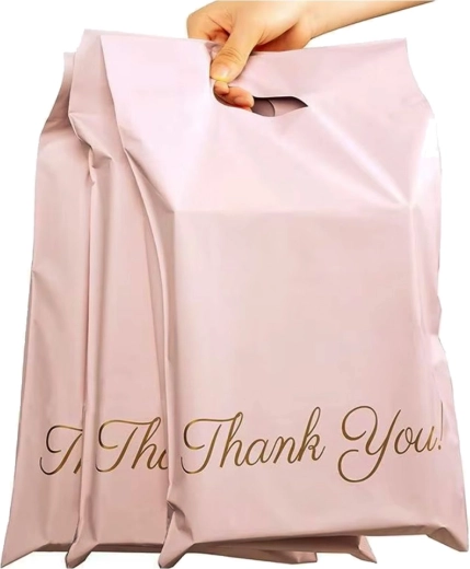 Pungi curierat roz cu mâner 500 × 600 + 70 mm, 50 buc., cu inscripția Thank You