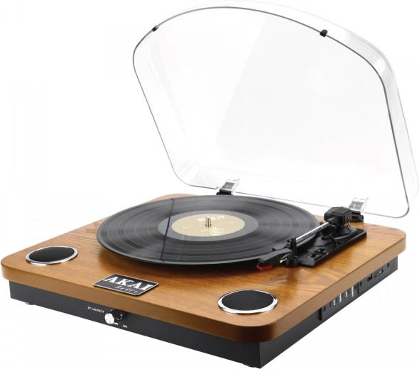 Pick-up AKAI în stil retro, carcasă din lemn, cu Bluetooth, USB și SD