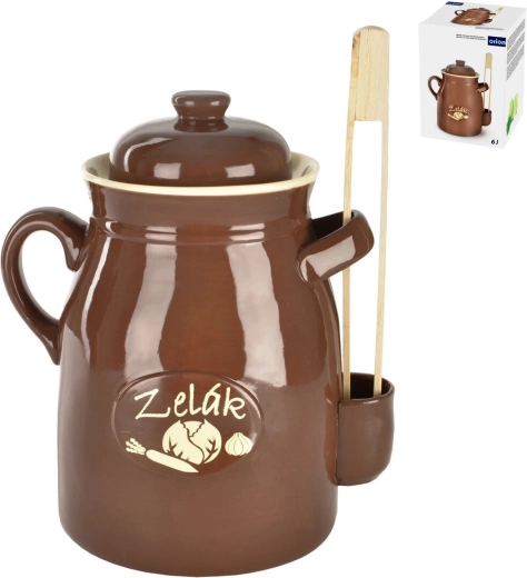 Oală ceramică pentru murături (oală de varză) 6 l cu capac și clește