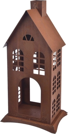 Felinar decorativ pentru lumânare din metal și sticlă, cu patină ruginită, 40 cm