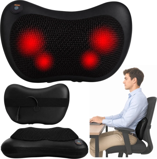 Pernă de masaj Shiatsu pentru gât și spate cu încălzire, neagră