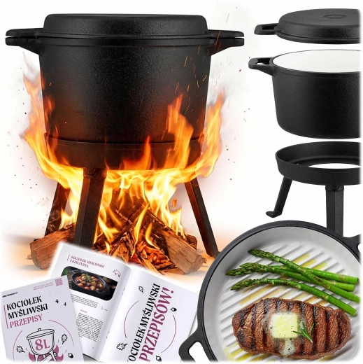 Ceaun din fontă emailată 8 l cu suport și capac-tigaie pentru grătar