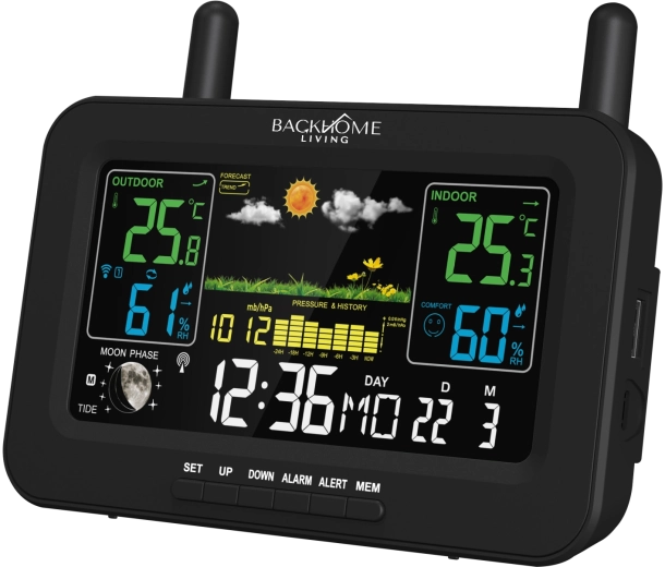 BackHome Living stație meteo multifuncțională RCC alimentată la rețea și pe baterii, neagră 16,5 × 4,5 × 13,5 cm