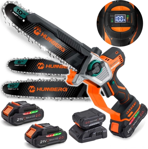 Fierăstrău cu lanț pe acumulator Humberg HM-437 cu 2× baterii 21 V 2,0 Ah, lamă de ghidaj 10" și 8"
