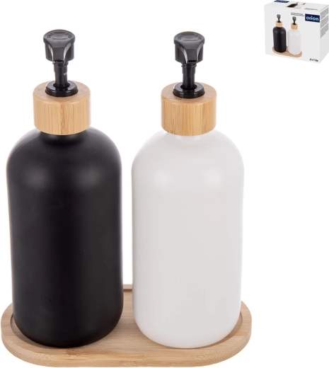 Set de baie din sticlă și bambus 2+1 cu dozatoare
