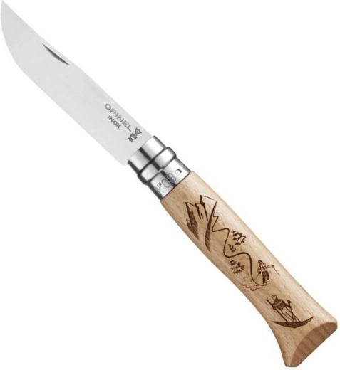 Opinel Nr. 08 cuțit de buzunar cu gravură Ski, lemn de fag, 8,5 cm