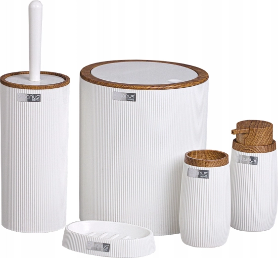 Set de baie rotund 5 piese, alb, cu imitație de lemn