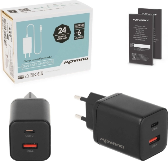Încărcător de rețea Movano GaN 45 W USB-C PD + USB-A negru