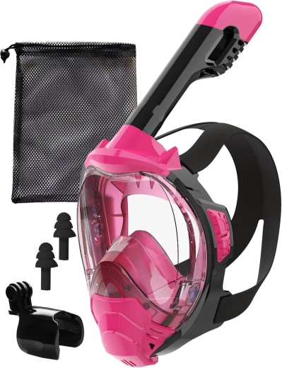 Mască de snorkeling integrală S/M roz cu DryTop și suport pentru GoPro - 1 bucată