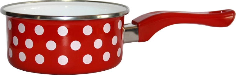 Cratiță emailată cu mâner 16 cm, 1,5 l – buline roșii