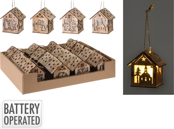 Decorațiune suspendată din lemn căsuță cu LED, 9 cm