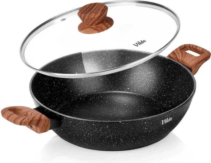 Tigaie adâncă din granit cu capac de sticlă 28 cm, 3,5 l – Vilde Granitica Wood