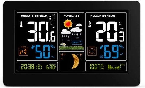 Stație meteo Solight cu LCD color extra mare, temperatură, umiditate și presiune, neagră
