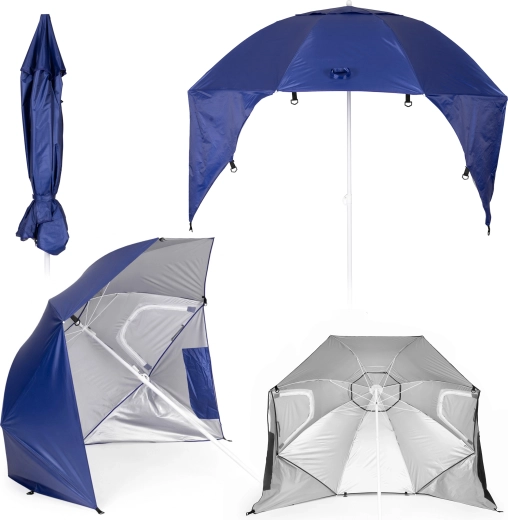Umbrelă de plajă MultiGarden 2în1 cu pereți laterali împotriva vântului, reglabilă 125–200 cm, albastră