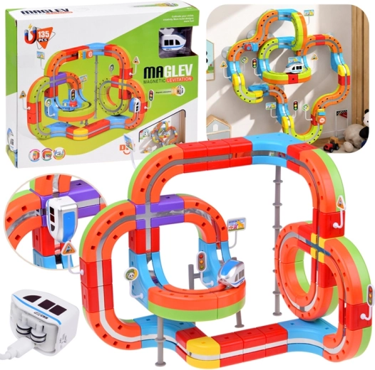 Set de construcție magnetic cu traseu pentru trenuleț (135 de piese)