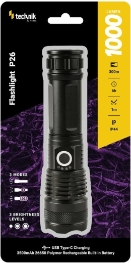 Lanternă reîncărcabilă Technik MT-P26 cu USB‑C, zoom și funcții SOS/stroboscop