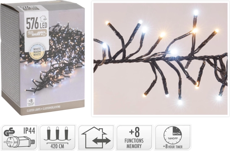 Ghirlandă luminoasă LED de Crăciun 4,2 m, 576 LED, alb cald, 8 funcții, IP44, cu temporizator