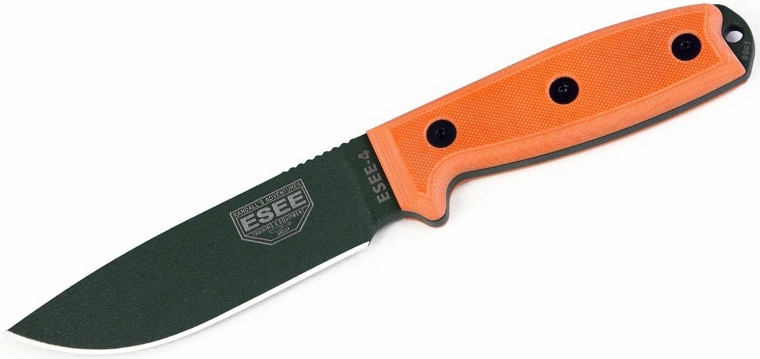 ESEE 4P OD cuțit universal 11,4 cm, finisaj negru, mâner portocaliu G10, teacă din plastic