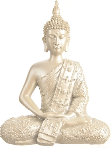 Statuetă Buddha argintie din polystone, 27 cm