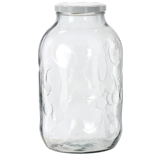 Borcan din sticlă pentru conservare 5 l cu relief fructat și capac emailat 100 mm