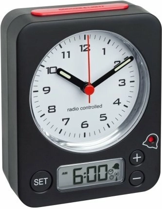 Ceas deșteptător wireless TFA COMBO cu setare digitală, negru‑roșu