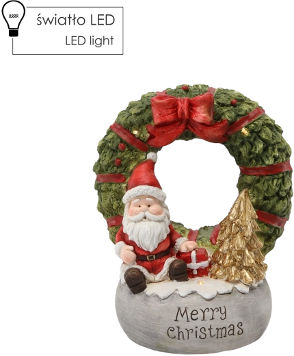 Figurină de Crăciun coroniță cu Moș Crăciun cu inscripția Merry Christmas, LED 22 × 21 × 40 cm