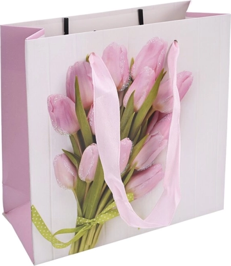 Pungă cadou din hârtie cu motiv de lalea 15 × 6 × 15 cm