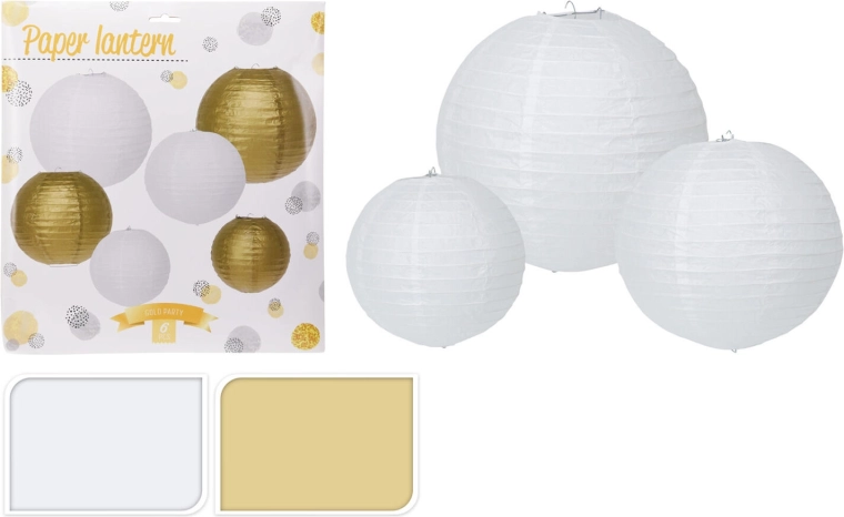 Lampioane de petrecere din hârtie alb și auriu, set 6 buc (30/25/20 cm)
