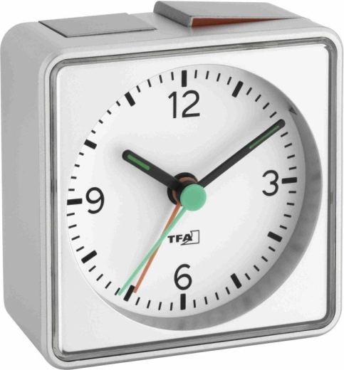 Ceas deșteptător analogic TFA Push cu funcționare silențioasă, argintiu