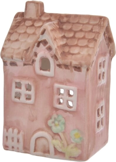 Suport ceramic pentru lumânare tip casă, roz