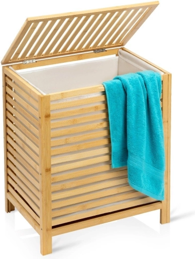 Coș de rufe din bambus cu capac rabatabil, 60 l