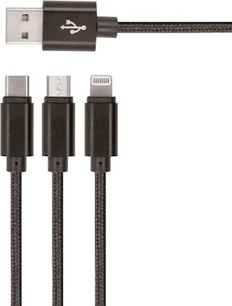 Setty cablu USB din nailon 3‑în‑1 microUSB, Lightning, USB‑C 1 m – negru