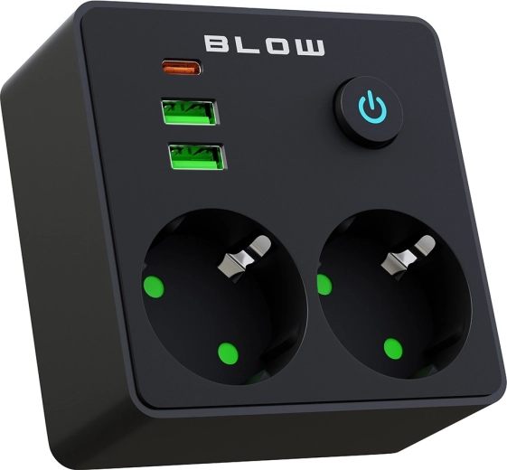 BLOW adaptor/rozboiator de priză cu 2 prize, 2× USB și USB-C, negru