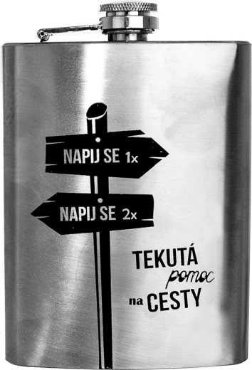 Ploscă de buzunar din oțel inoxidabil „Ajutor lichid pentru drum” 240 ml