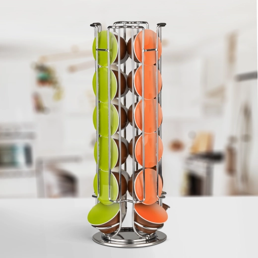 Suport metalic rotativ pentru capsule Dolce Gusto, pentru 24 de capsule, cromat